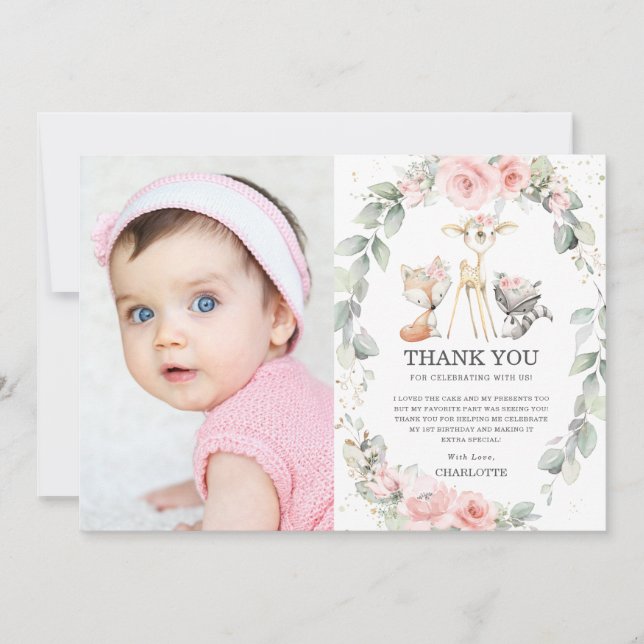 Chic Woodland Animals Floral 1st Birthday Photo Thank You Card (Front)