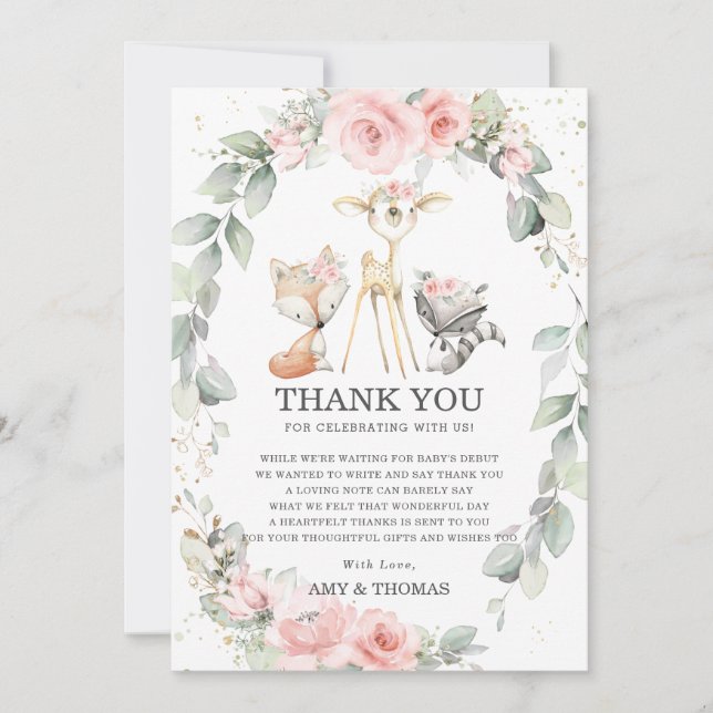 Chic Woodland Animals Floral Greenery Baby Shower Thank You Card (Front)
