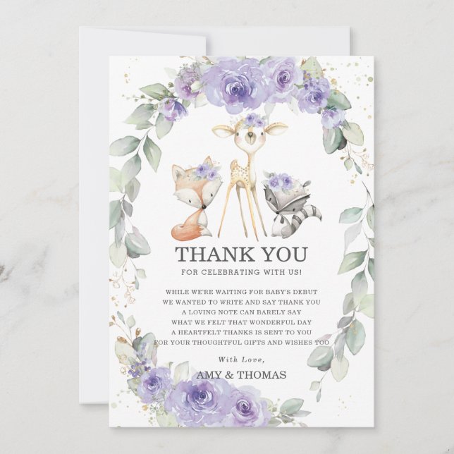 Chic Woodland Animals Floral Greenery Baby Shower  Thank You Card (Front)