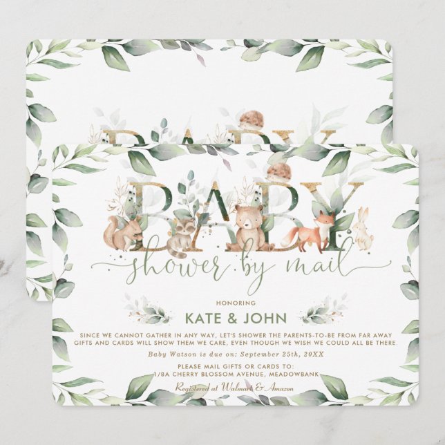 Chic Woodland Animals Greenery Baby Shower by Mail Invitation (Front/Back)