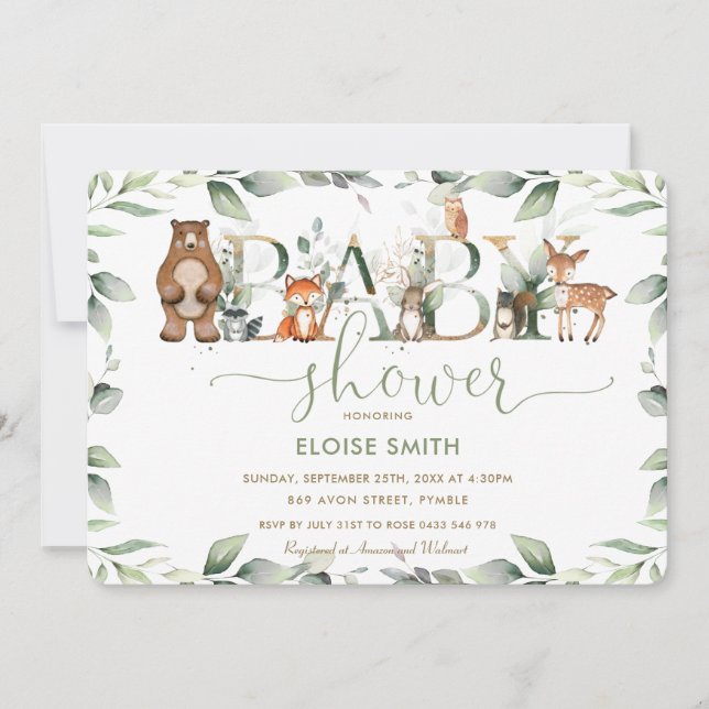 Chic Woodland Animals Greenery Baby Shower Neutral Invitation (Front)