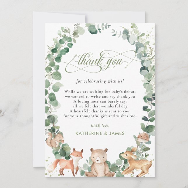 Chic Woodland Animals Greenery Baby Shower   Thank You Card (Front)