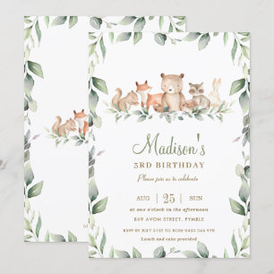 Chic Woodland Animals Greenery Birthday Boy Girl Invitation