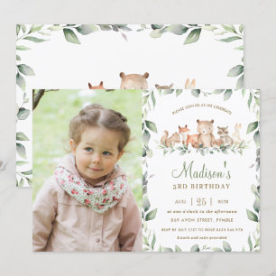 Chic Woodland Animals Greenery Birthday Photo Invitation