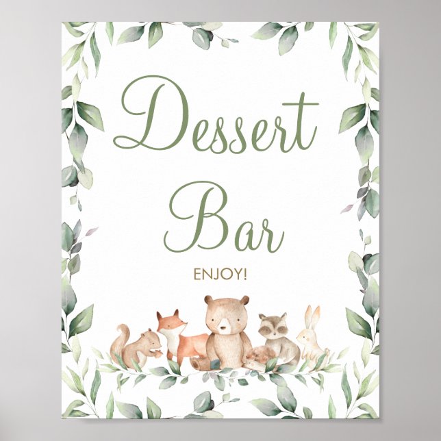 Chic Woodland Animals Greenery Dessert Bar Sign (Front)