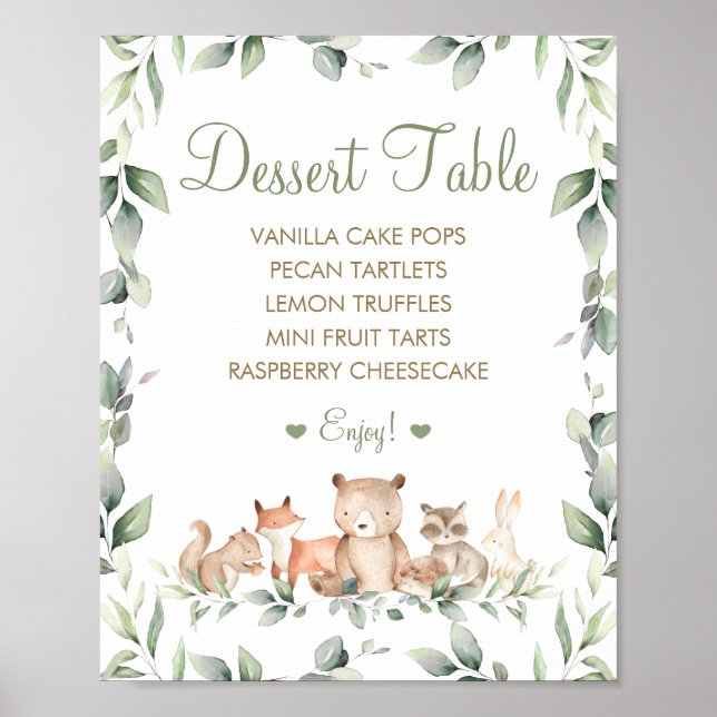 Chic Woodland Animals Greenery Dessert Table Menu  Poster (Front)