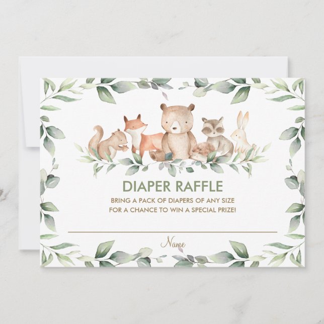Chic Woodland Animals Greenery Diaper Raffle Card (Front)