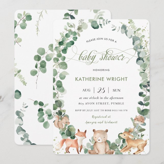 Chic Woodland Animals Greenery Neutral Baby Shower Invitation (Front/Back)