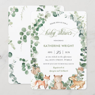 Chic Woodland Animals Greenery Neutral Baby Shower Invitation