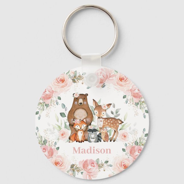 Chic Woodland Animals Pastel Blush Floral Favour Key Ring (Front)