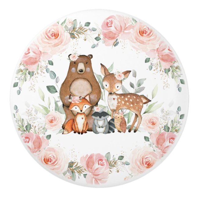 Chic Woodland Animals Pastel Blush Floral Gold   Ceramic Knob (Front)