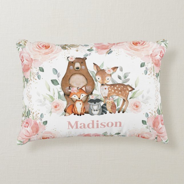 Chic Woodland Animals Pastel Blush Floral Gold  Decorative Cushion (Front)
