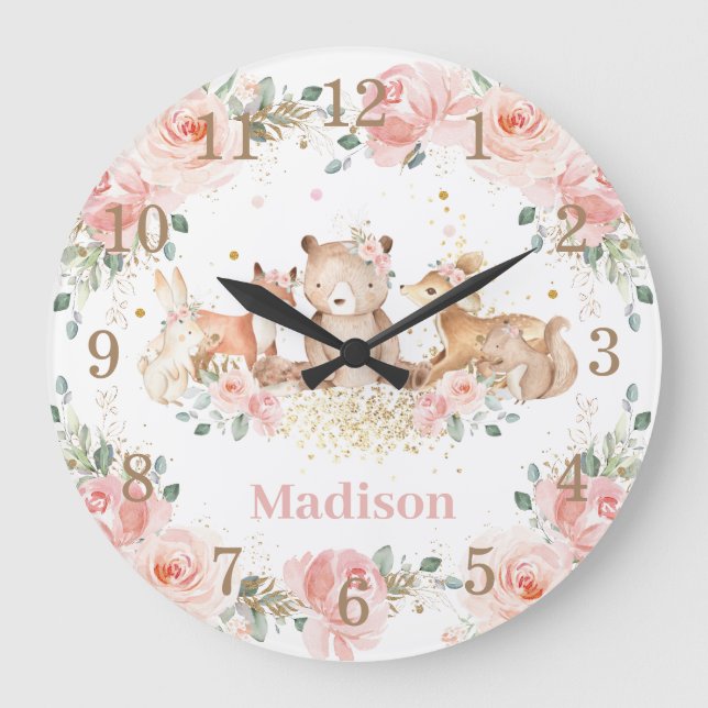 Chic Woodland Animals Pastel Blush Floral Gold     Large Clock (Front)