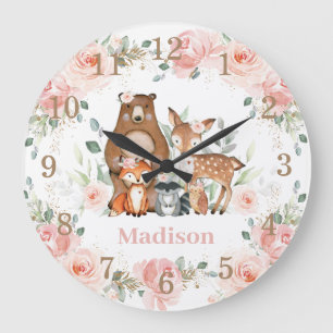 Chic Woodland Animals Pastel Blush Floral Gold Large Clock