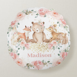 Chic Woodland Animals Pastel Blush Floral Gold Round Cushion