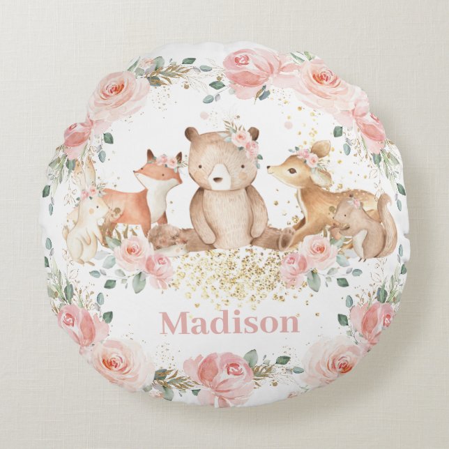 Chic Woodland Animals Pastel Blush Floral Gold    Round Cushion (Front)