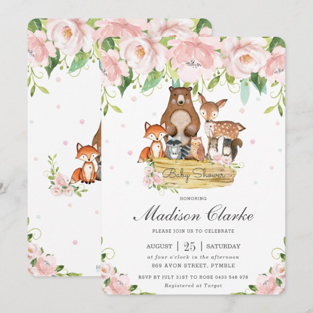 Chic Woodland Animals Pink Floral Baby Shower Invitation (Front/Back)