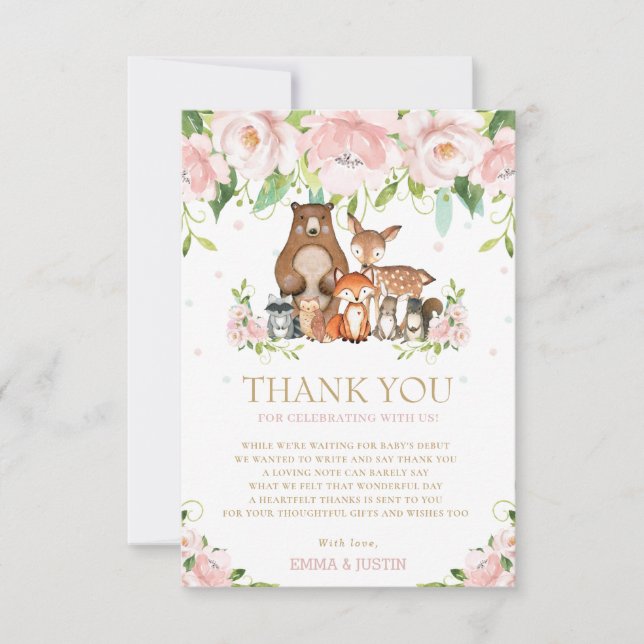 Chic Woodland Animals Pink Floral Baby Shower Thank You Card (Front)