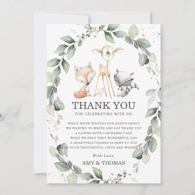 Chic Woodland Animals Rustic Greenery Baby Shower Thank You Card (Front)