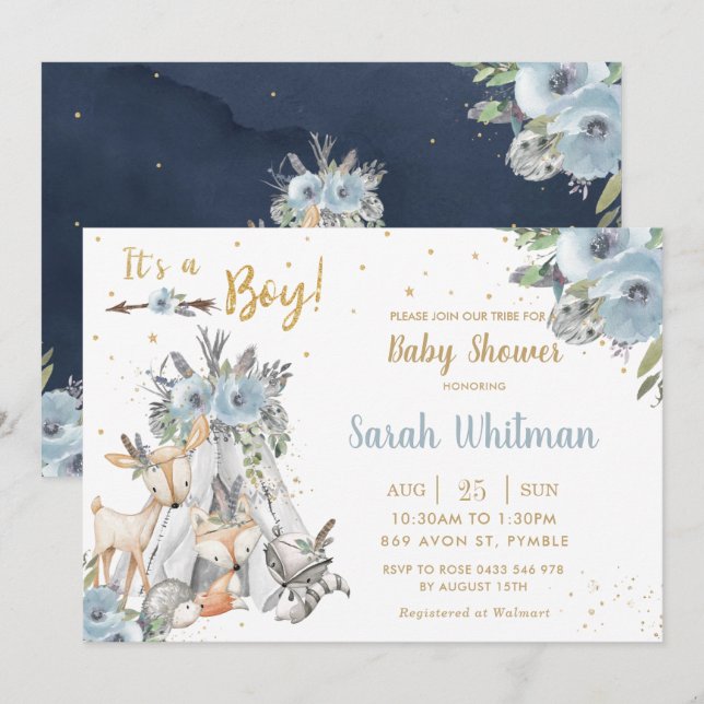 Chic Woodland Animals Tribal Boho Boy Baby Shower Invitation (Front/Back)