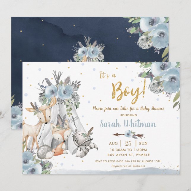 Chic Woodland Animals Tribal Boho Boy Baby Shower Invitation (Front/Back)