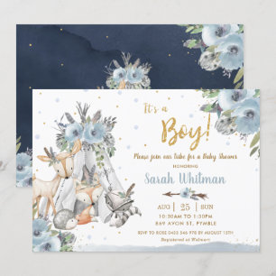 Chic Woodland Animals Tribal Boho Boy Baby Shower Invitation