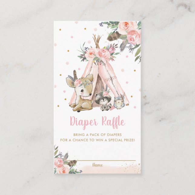 Chic Woodland Animals Tribal Shower Diaper Raffle Enclosure Card (Front)