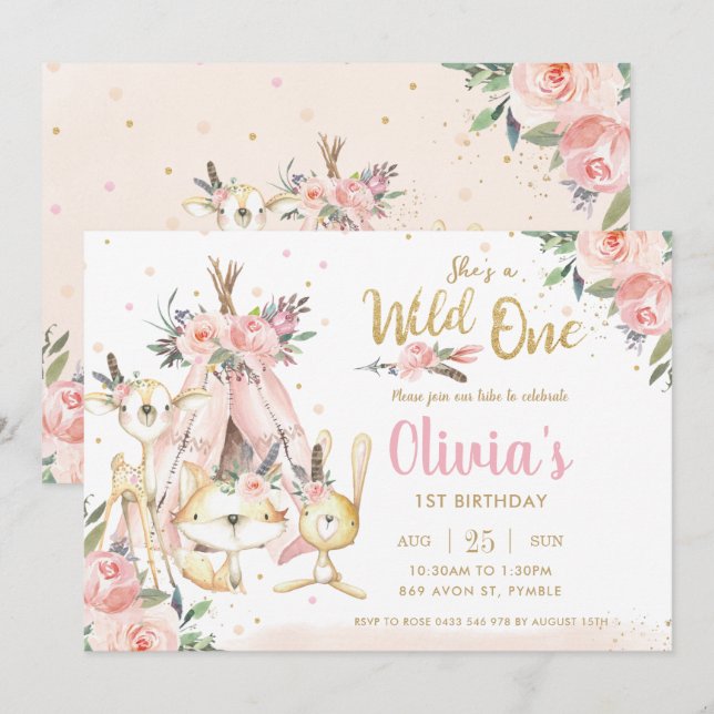 Chic Woodland Animals Tribal Wild One 1st Birthday Invitation (Front/Back)