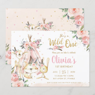 Chic Woodland Animals Tribal Wild One 1st Birthday Invitation