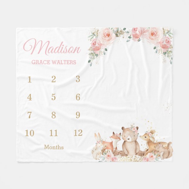 Chic Woodland Blush Pink Floral Monthly Milestone  Fleece Blanket (Front (Horizontal))