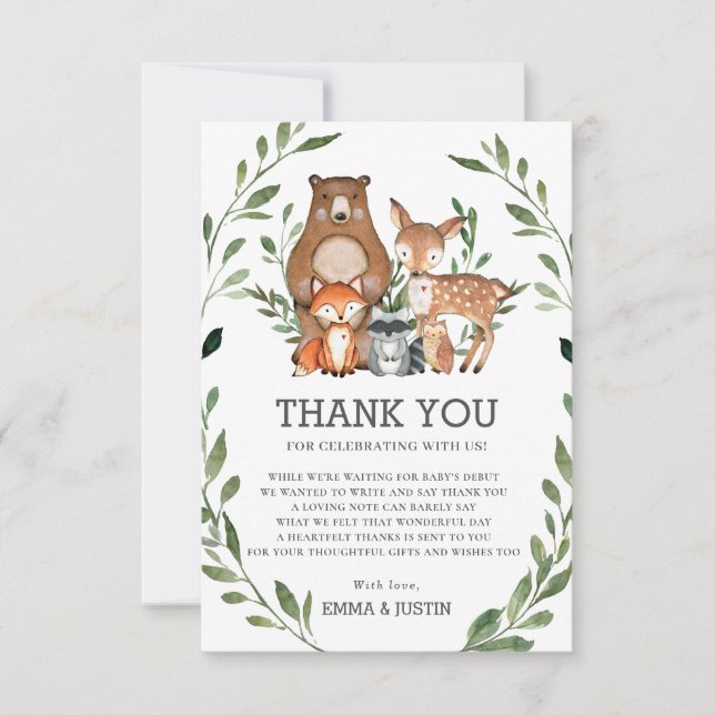 Chic Woodland Forest Animals Greenery Baby Shower Thank You Card (Front)
