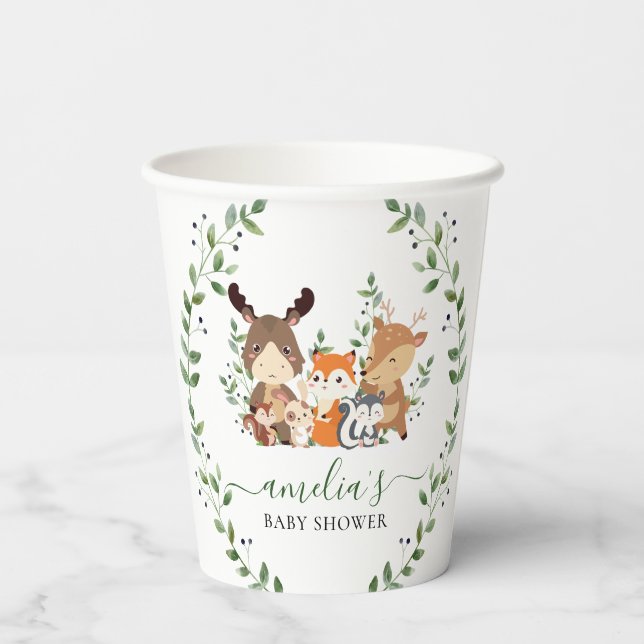 Chic Woodland Forest Greenery Animals Baby Shower Paper Cups (Back)