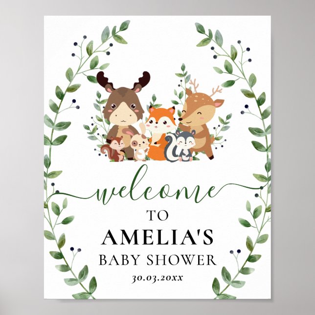 Chic Woodland Greenery Animals Baby Shower Welcome Poster (Front)