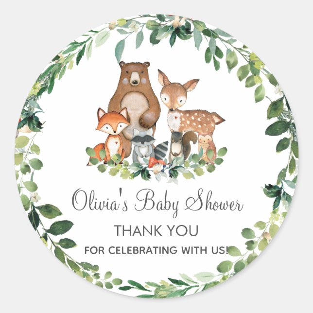 Chic Woodland Greenery Baby Shower Thank You Favou Classic Round Sticker (Front)