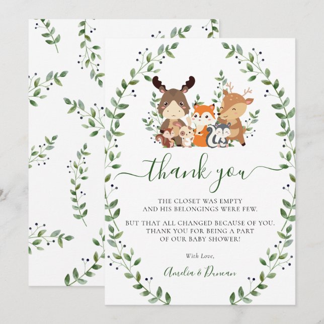 Chic Woodland Greenery Forest Animals Baby Shower  Thank You Card (Front/Back)