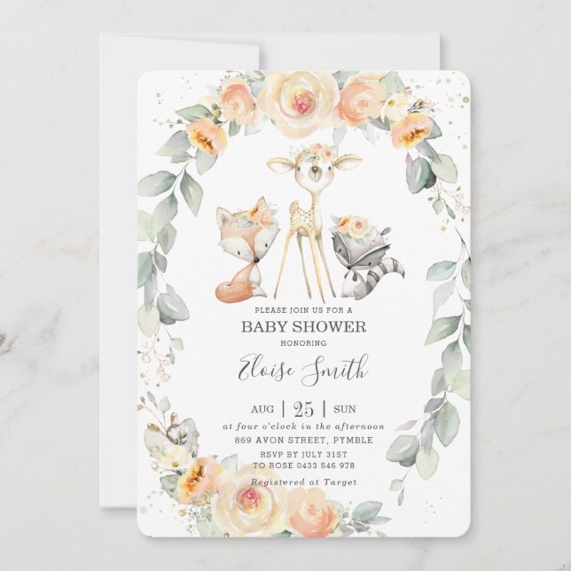 Chic Woodland Yellow Floral Greenery Baby Shower  Invitation (Front)