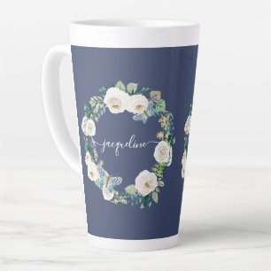 Chic Wreath Watercolor Navy White Floral Butterfly Latte Mug