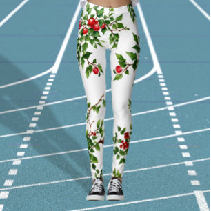 Chic Xmas Green Red Mistletoe Plants Watercolor  Leggings