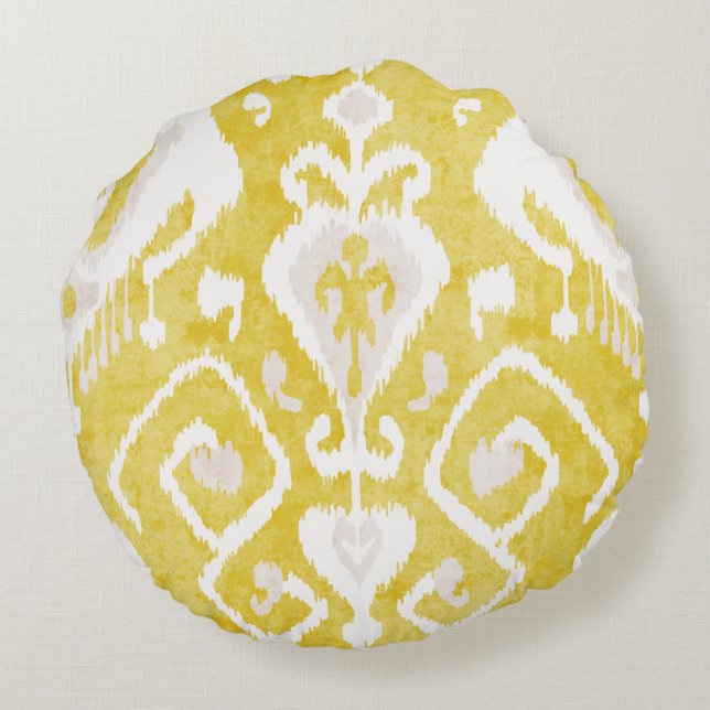 Chic yellow and grey damask ikat tribal pattern round cushion (Back)