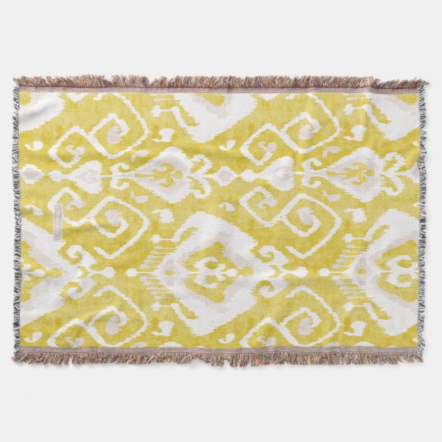 Chic yellow and grey damask ikat tribal pattern throw blanket (Front)