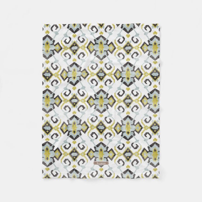 Chic yellow and grey ikat tribal pattern fleece blanket (Front)