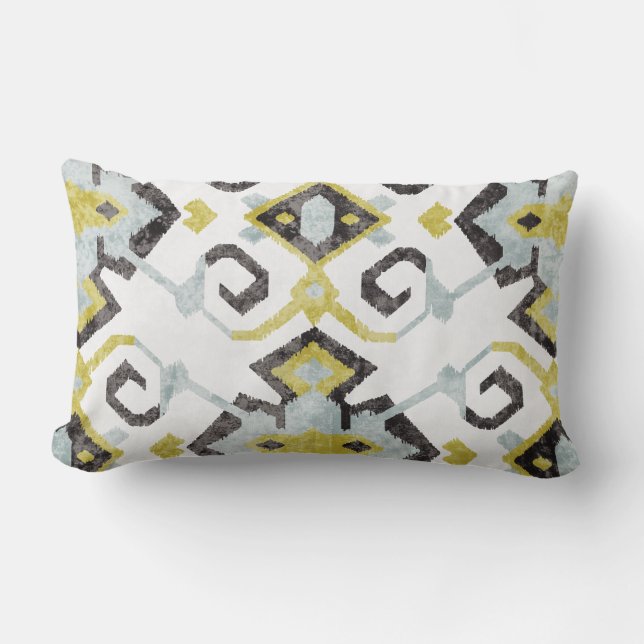 Chic yellow and grey ikat tribal pattern lumbar cushion (Front)