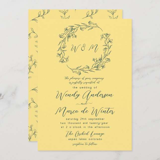 Chic Yellow and Tiber Blue Boho Botanical Wedding Invitation (Front/Back)