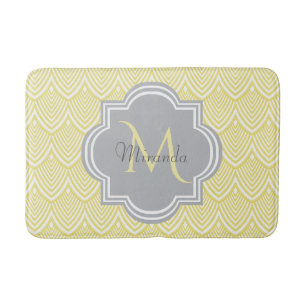 Chic Yellow Art Deco Scallops Grey Monogram Name Bath Mat