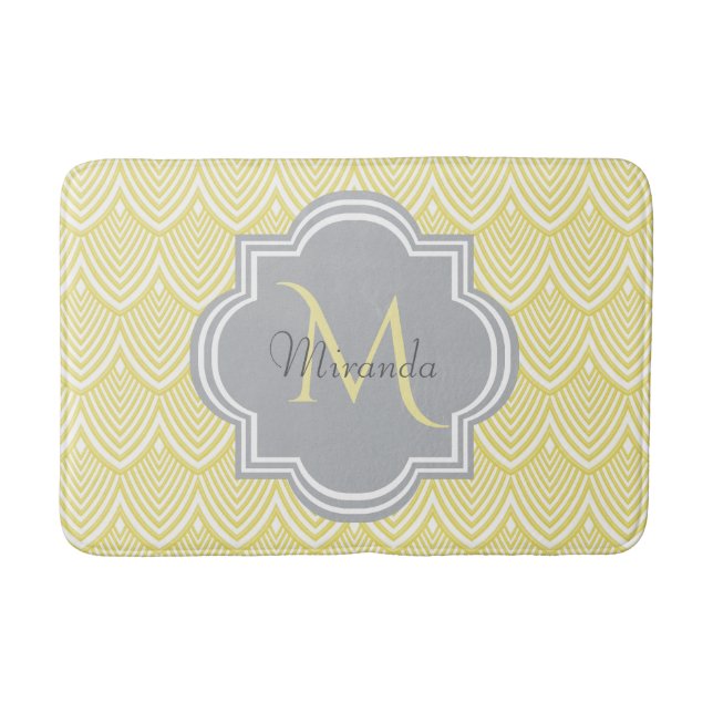 Chic Yellow Art Deco Scallops Grey  Monogram Name Bath Mat (Front)