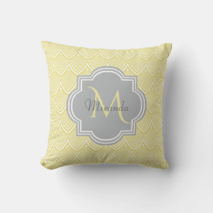 Chic Yellow Art Deco Scallops Grey  Monogram Name Cushion