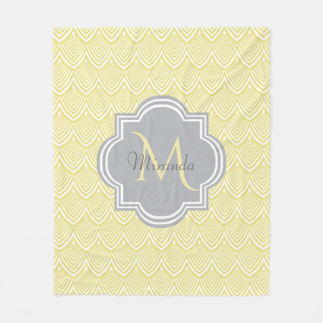 Chic Yellow Art Deco Scallops Grey  Monogram Name Fleece Blanket (Front)
