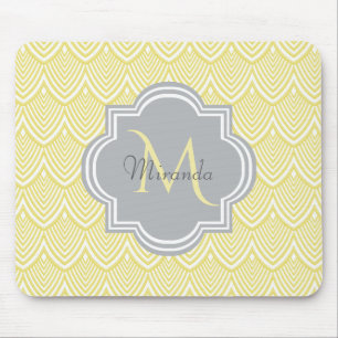 Chic Yellow Art Deco Scallops Grey Monogram Name Mouse Mat