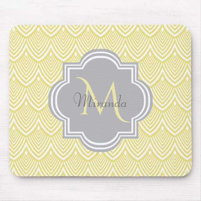 Chic Yellow Art Deco Scallops Grey  Monogram Name Mouse Mat (Front)