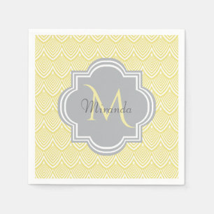 Chic Yellow Art Deco Scallops Grey Monogram Name Napkin